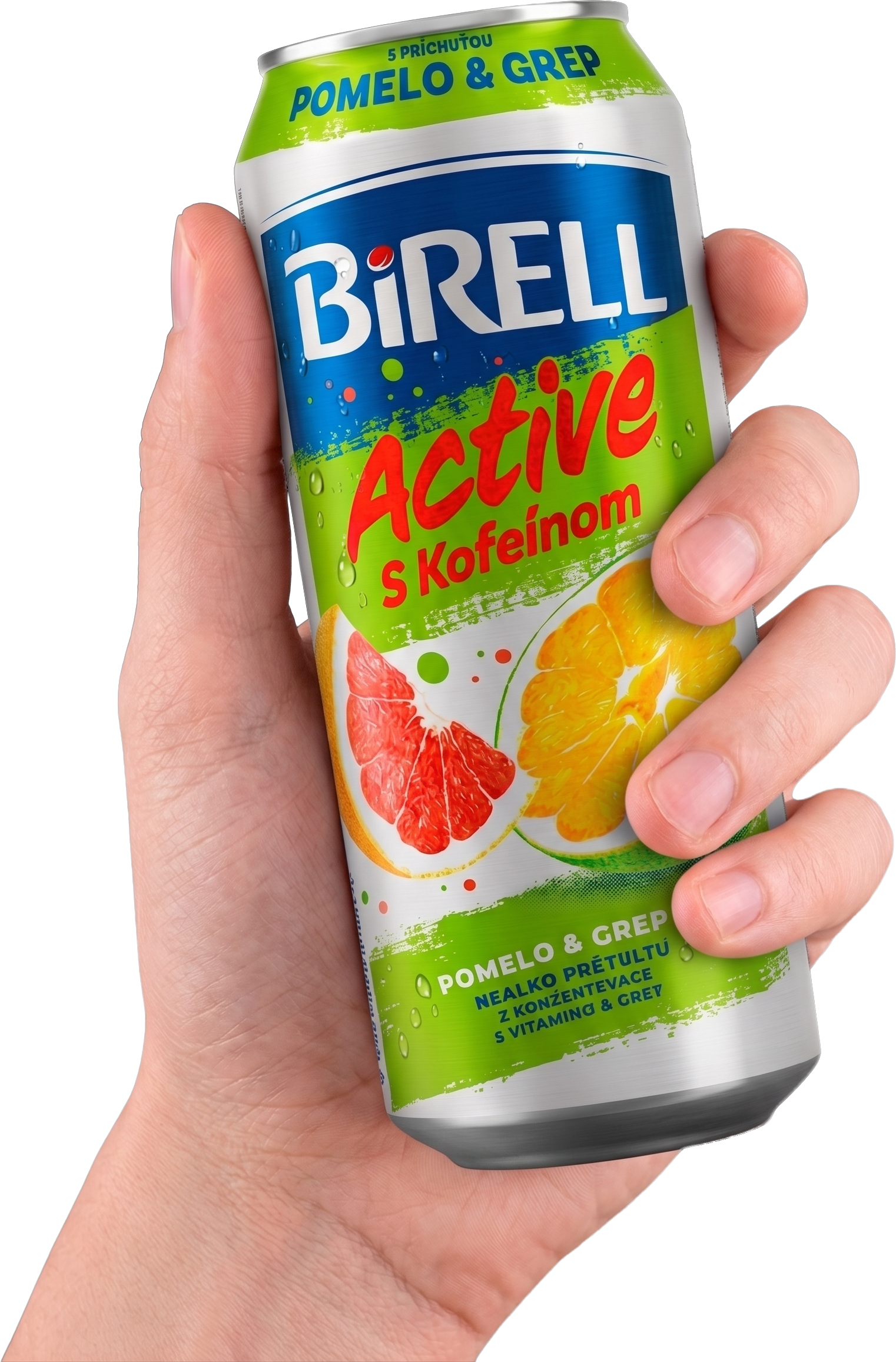 Ruka držiaca plechovku Birell Active